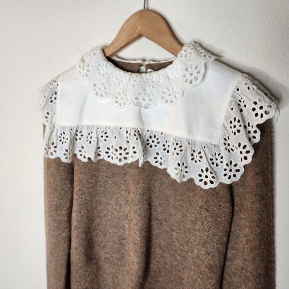 Zara Combination Wool Blend Sweater Brown Collared Lace Small - Picture 4 of 8